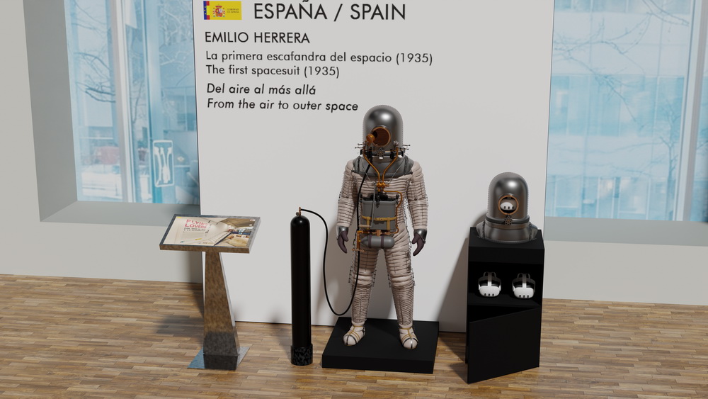 Sala expositiva con la escafandra estratonáutica de Emilio Herrera — ESPAÑA / SPAIN · La primera escafandra del espacio